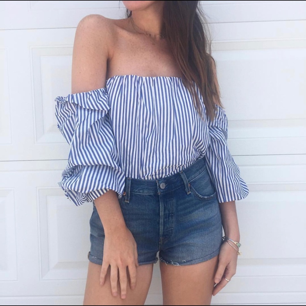 Bardot Blue Stripe Off The Shoulder Top